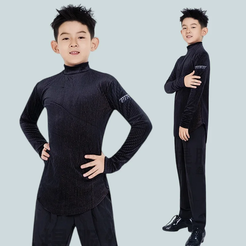 

Latin Dance Training Clothes Boys Latin Dance Top Long Sleeve High Collar Tops Black Pants Children Cha Cha Dancing Costume 2863