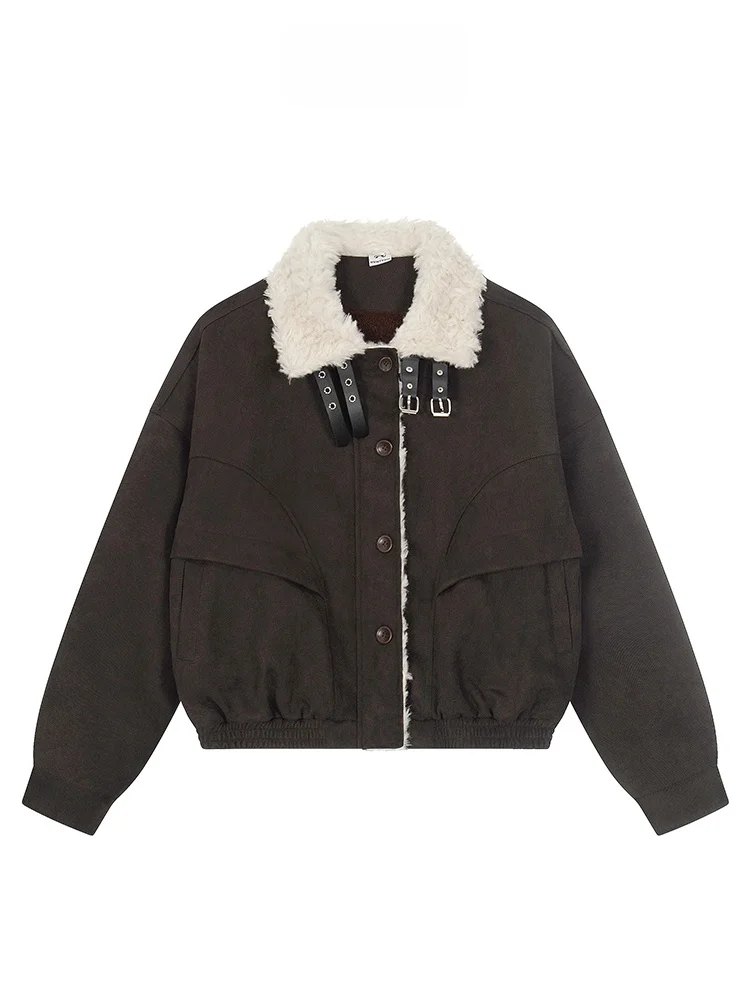 Casaco Feminino de Inverno Quente de Algodão com Forro de Veludo e Couro Sintético Estilo Retrô Americano, Manga Longa e Bolso - Novo Lançamento