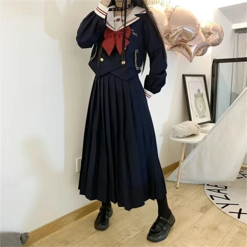 Summer Dark Rose Navy JK Uniform Suits Women Middle School Uniform Pleated Skirt Class Uniforms Preppy Students Clothes Casual