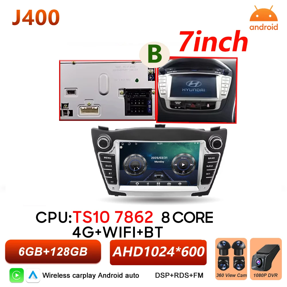 Android Auto autoradio voor Hyundai IX35 Tucson 2 LM 2009 - 2015 Carplay multimediaspeler autoradio BT Wifi 5G touchscreen DSP - afbeelding 1
