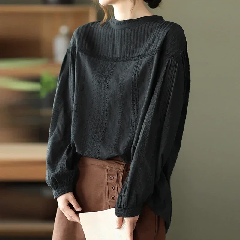 

2023 Spring Sweet Lace Hollow Embroidery Long Sleeve Casual Shirt Women Solid Color Cotton Loose Blouse Tops