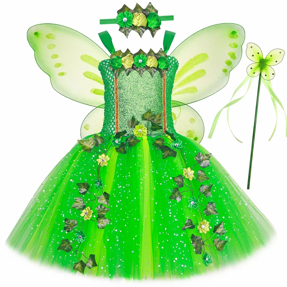 

Girls Glitter Green Fairy Tutu Dress Woodland Forest Ivy Flower Fairy Costume for Kids Girls Birthday Party Tulle Princess Dress