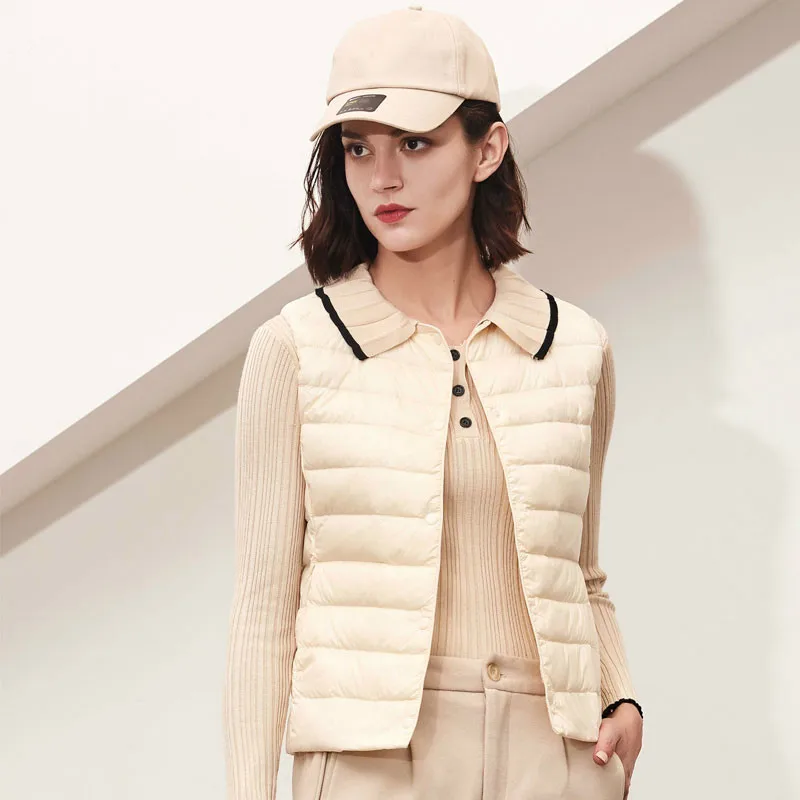 Good Quality Women White Duck Down Vest Soft Fabric Ultra Light Vest Jacket Winter Weightless Round Collar Sleeveless Coat