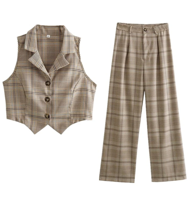 

Ретро клетчатый жилет на одной пуговице с высокой талией, повседневный комплект брюк, женская мода 2023, осенняя коллекция для молодых профессиональных женщин