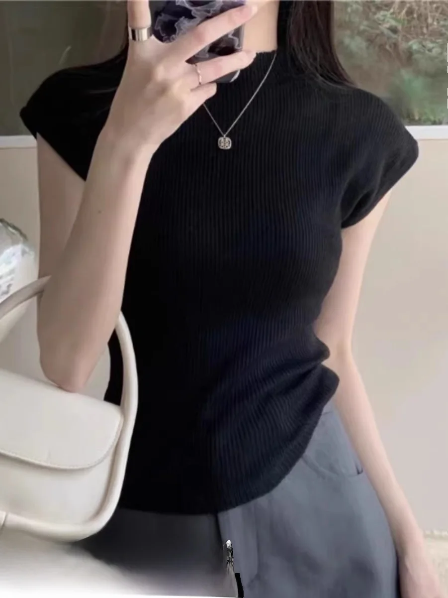 

Bla f High Collar f Sve Ice Silk Knitted T-irt Women Summer Slim Fit ort Sve Banded Top Hot Girl ort Sle