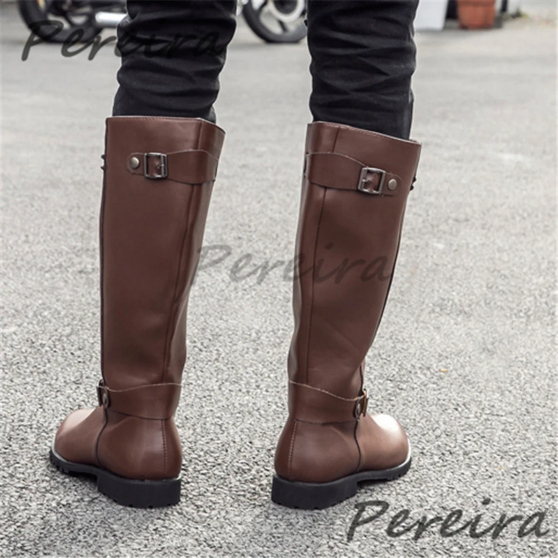 Autumn Winter Retro Knee High Boots for Men British Style Leather Belt Buckle Zipper Knight Boots Outdoor Men's Shoes Plus Size