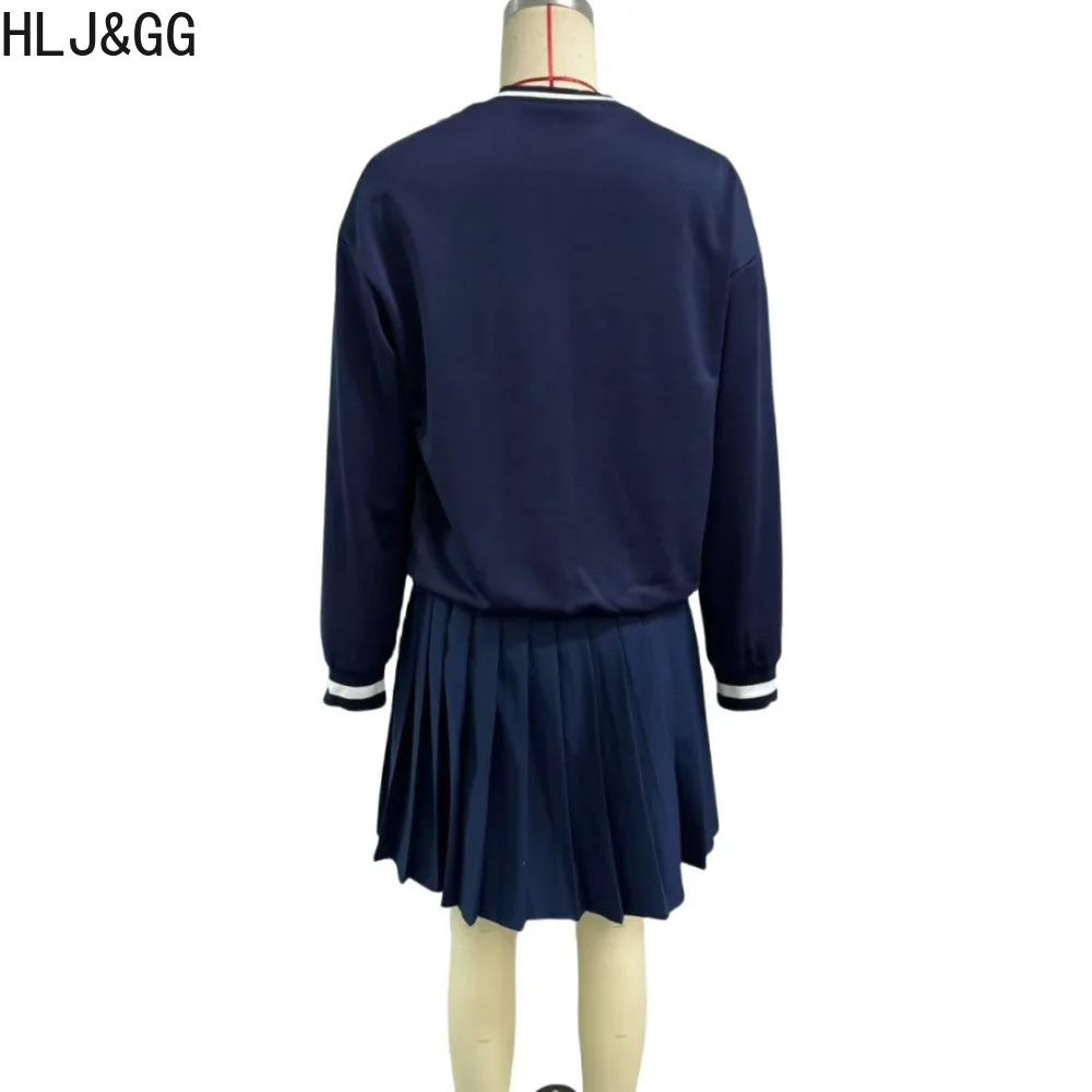 HLJ&GG Dark Blue Fashion Pattern Printing Pleated Mini Skirts Two Piece Sets Women O Neck Long Sleeve Pullover And Skirt Outfits