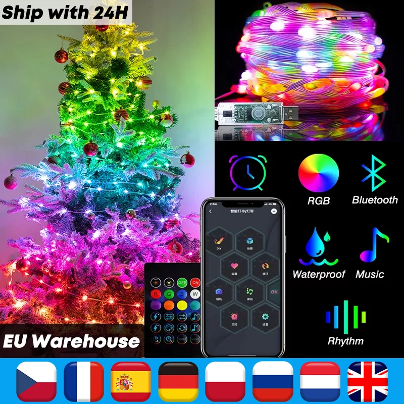 RGB IC Christmas String Light USB Fairy Lights Bluetooth Magic Leather Light APP Control Music Wedding Waterproof Outdoor Lamp