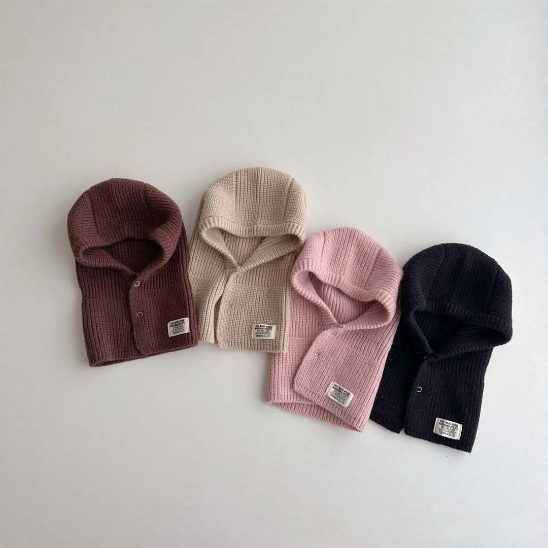 Conjunto de guantes de punto con etiqueta para niños, gorro de punto coreano, bufanda, Pullover, protección de manos, cuello de oreja, gorro cálido