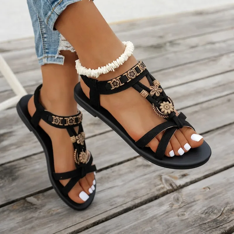 

Flower Beaded Bohemian Sandals for Women Summer 2025 Roman Style Comfortable Flat Sandals Woman Lightweight Non Slip Beach Shoes