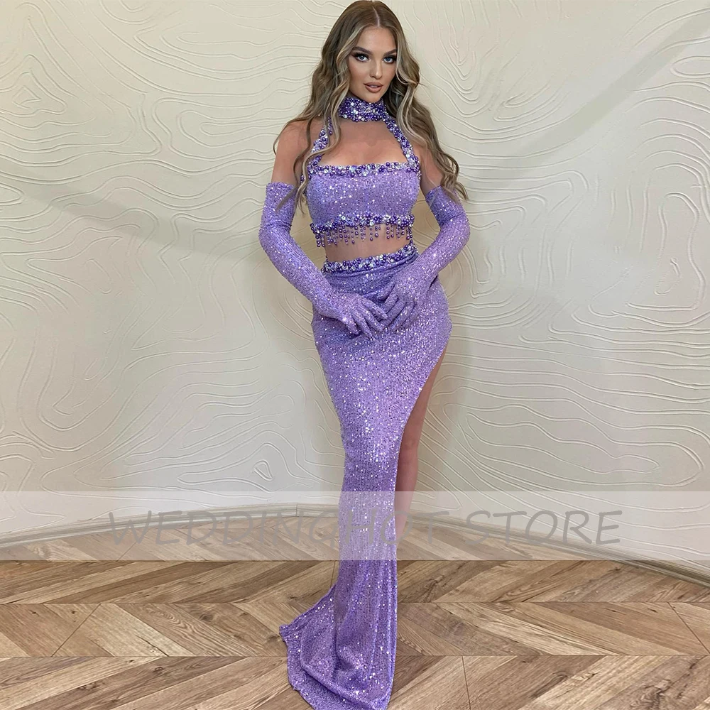 Purple Sequin Prom Dress Mermaid High Collar Sleeveless Sexy  Gown Long Crop Top Side Slit Luxury   for Women 2023