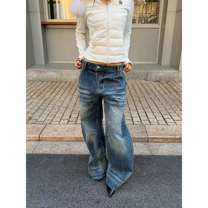 

ZHIZOU Women Blue Y2k Baggy Washed Jeans Harajuku Japanese 2000s Style Denim Trousers American Vintage Jean Pants Trashy Clothes