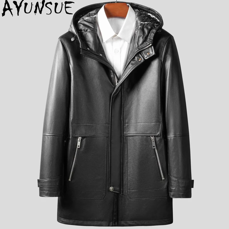 AYUNSUE New Genuine Leather Jacket Men Real Cowhide Jackets for Men Clothing Down Leather Jacket Hooded Chamarras Para Hombre