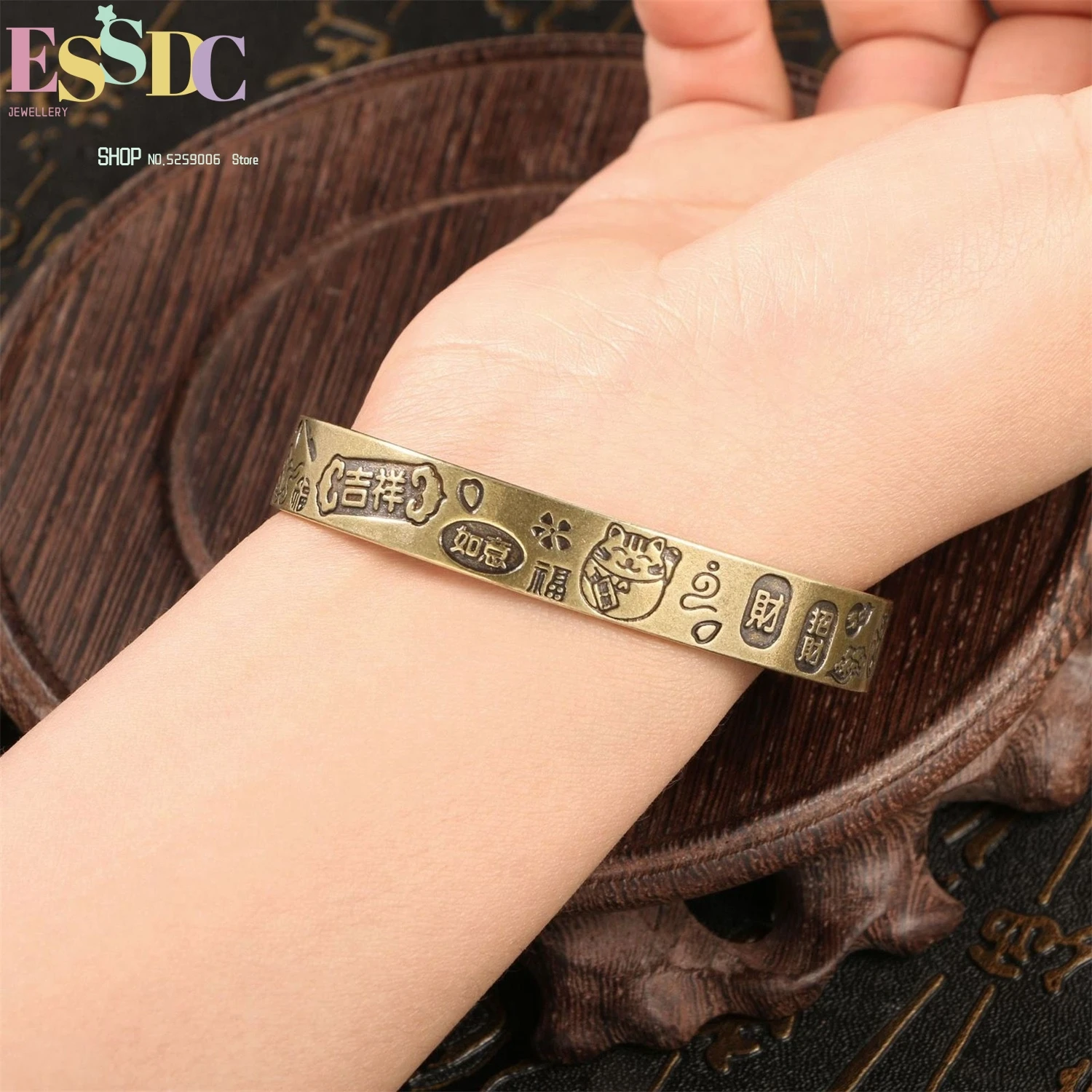 Lucky Cat Open Bangle Brass Antique Finish Adjustable Wealth Health Happiness Jewelry For Women Gift Vintage Style Bracelet