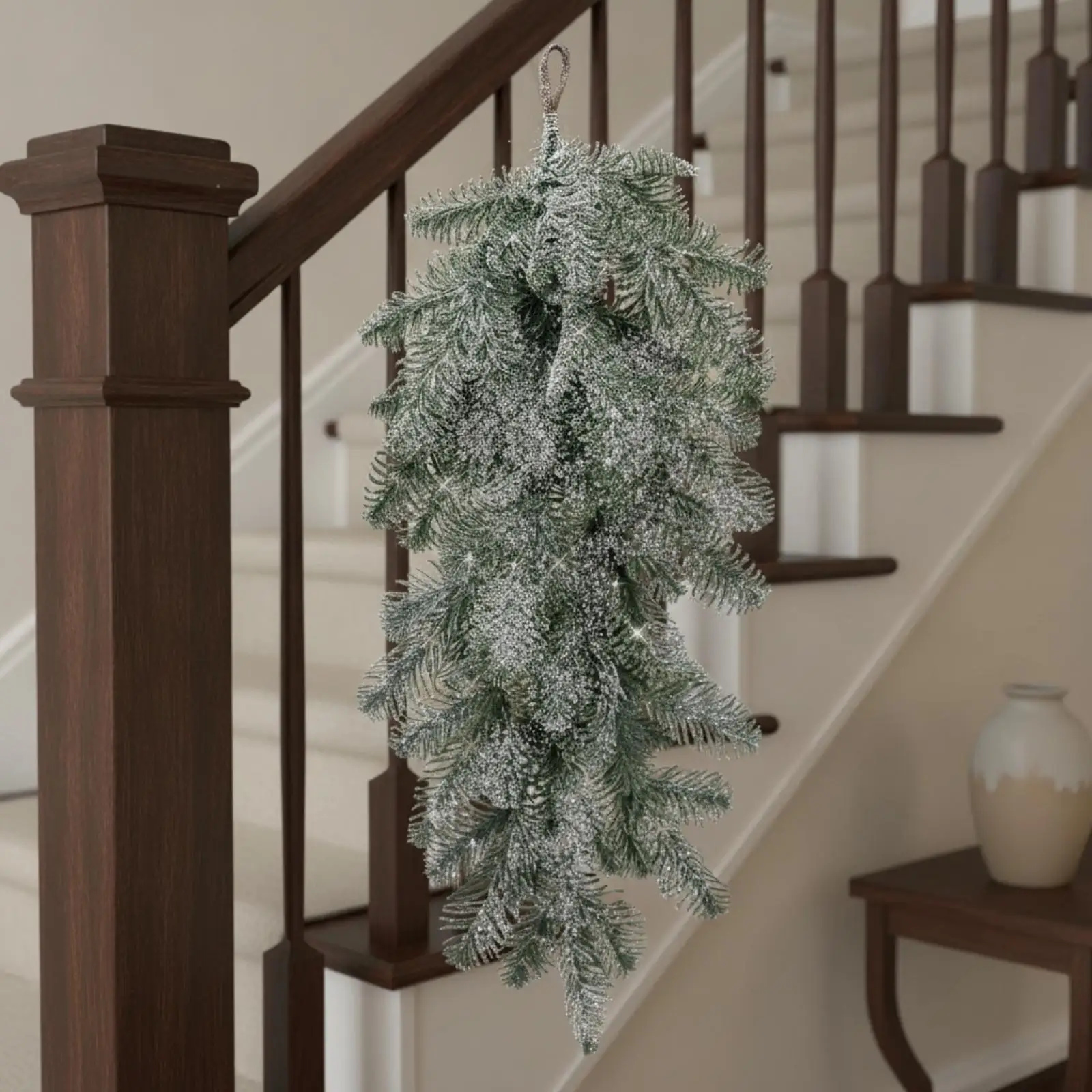 Artificial Snow Kissed Fir Teardrop Swag Hanging Wreath for Staircase Festive Decoration