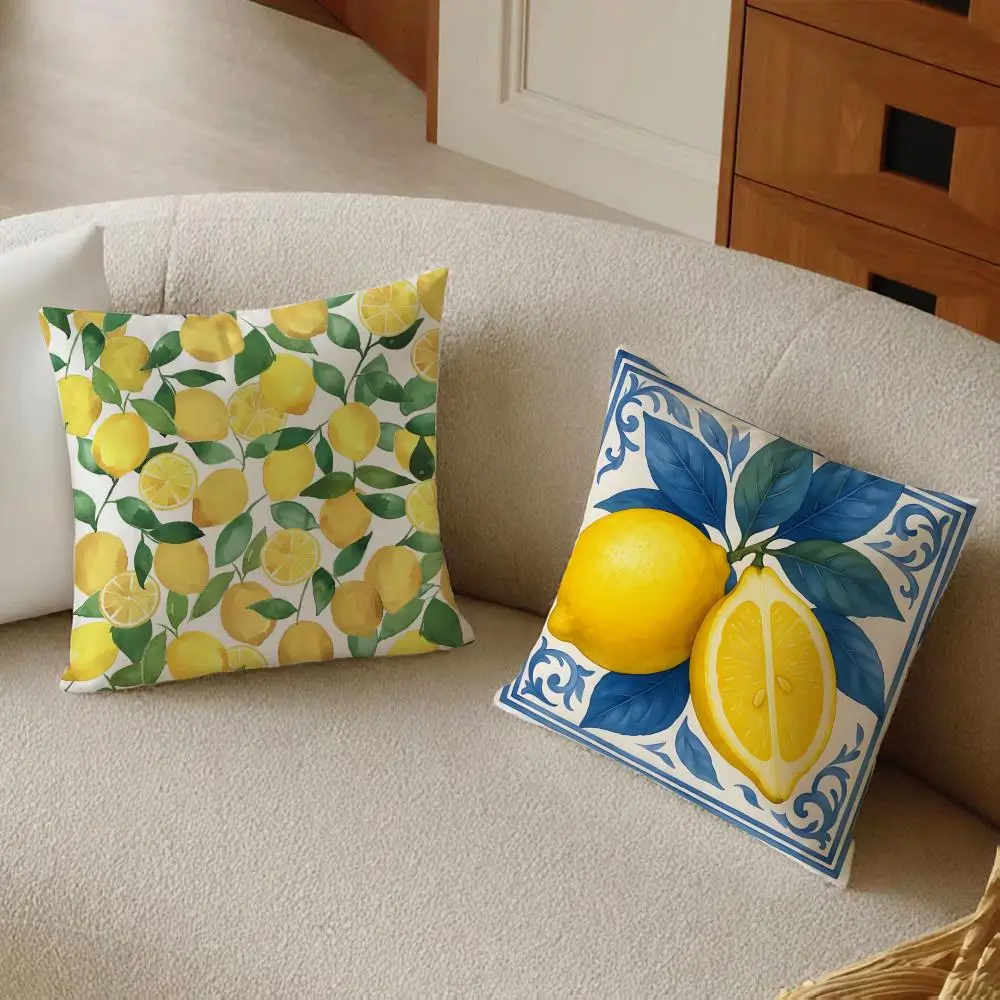 Blue - toned Watercolor Lemon Cushion Cover comfort Daily Washable Linen Soft  for Sofa Bed Home Room Decor