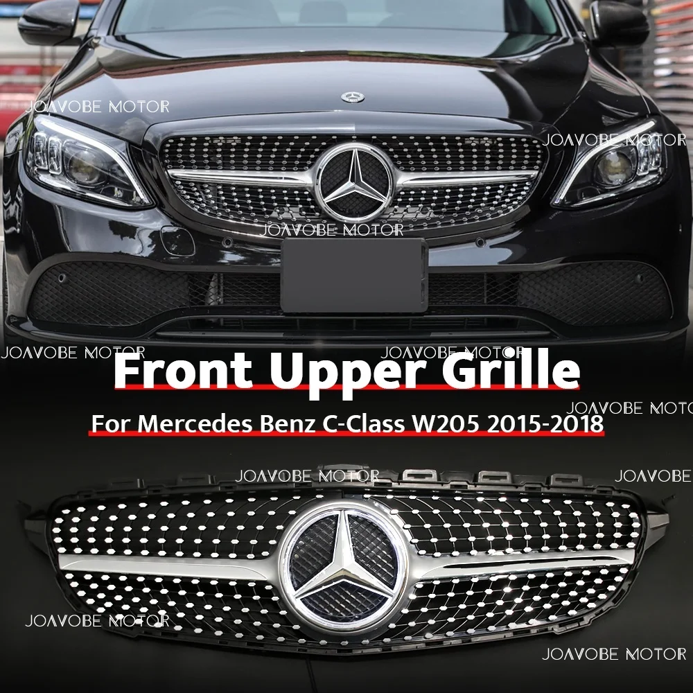 

Silver Diamonds Style Front Grille W/Silver LED Emblem For Mercedes Benz C-Class W205 S205 C205 A205 2015-2018 W/O 360 Camera