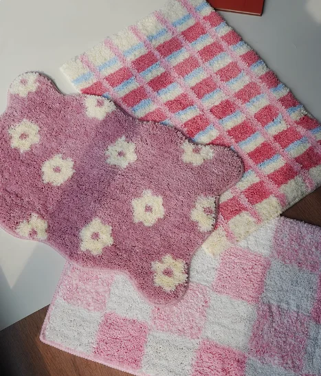 Irregular Tufting Floral Bathroom Mat Soft Bathmat Rug Bedroom Carpet Doormat Floor Anti Slip Pad Aesthetic Home Room Decor