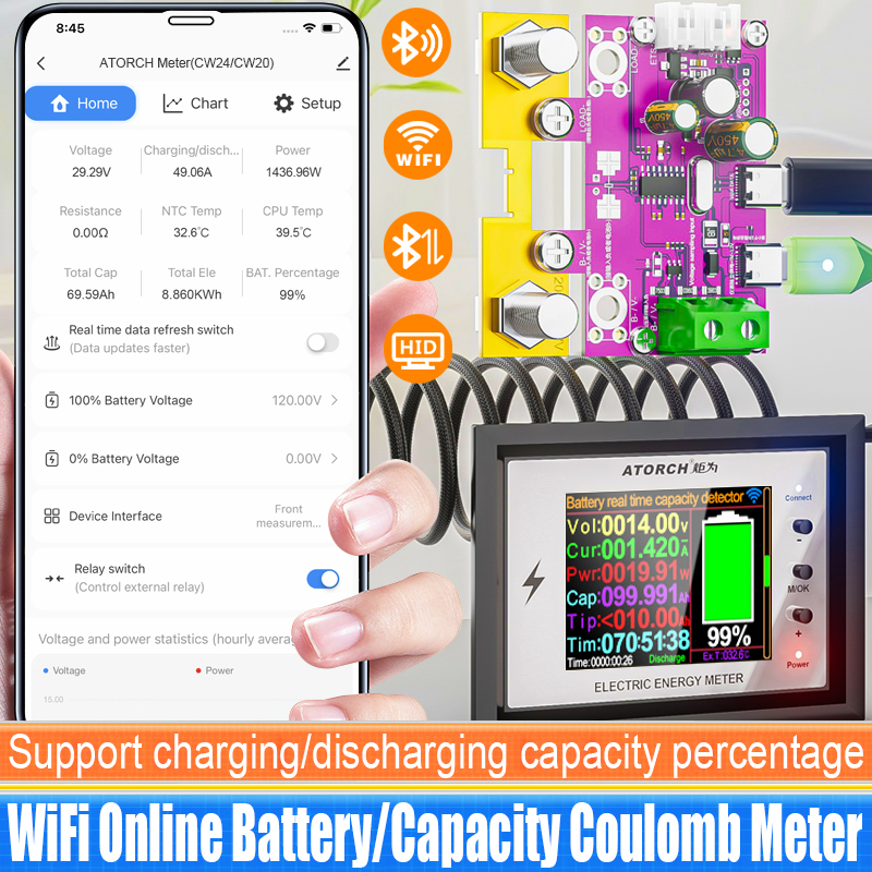  CW24 Smart Battery Capacity Tester 0-420V DC Tuya WiFi Digital Display for Voltage Current Coulomb Meter Lithium Battery Monitor 