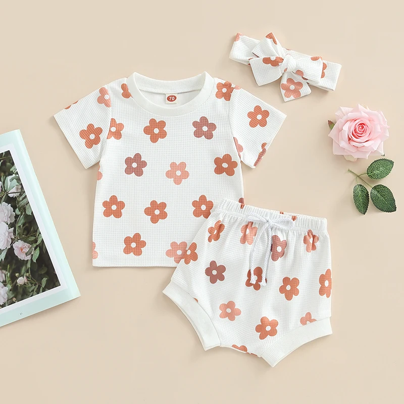 Baby Girl 2Pcs Summer Outfits Short Sleeve Floral Tops + Tie Front Shorts + Headband Set Newborn Clothes