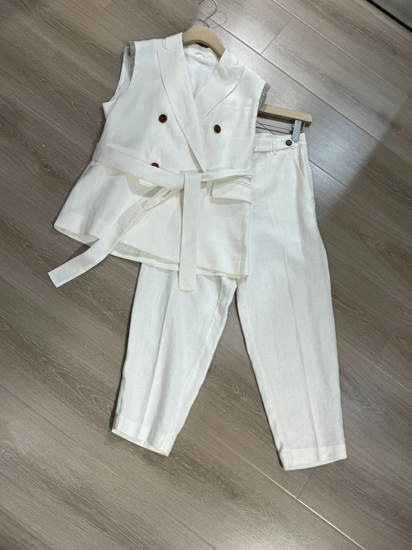 Spring Autumn B*C Women\'s Pant Suit Cotton Linen Vest + High Waist Straight Trousers 2 Piece Set