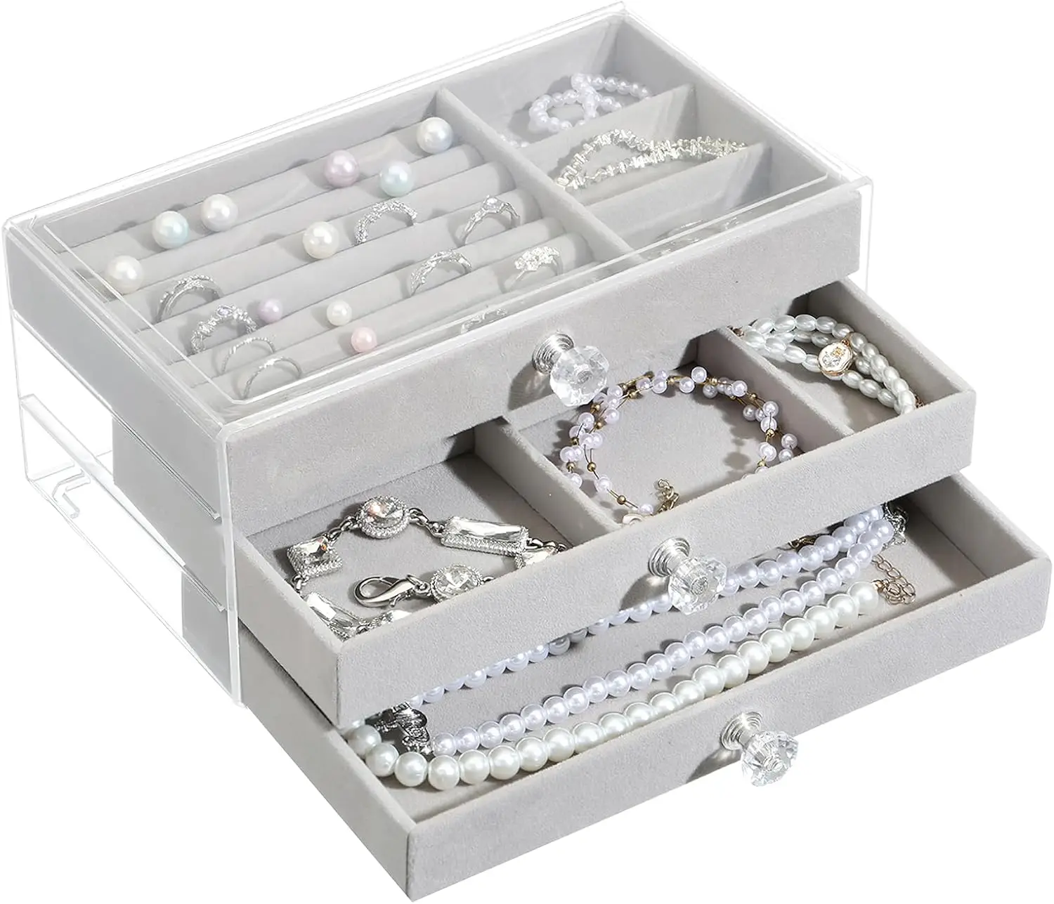 

Шкатулка для драгоценностей с 3-мя уровнями, прозрачный визуальный органайзер для ювелирных изделий, хранилище ювелирных изделий для колец, ожерелий, сережек, браслетов