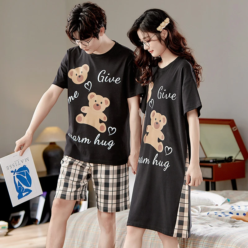 Newest Couple Pajamas Set Summer Cute Cartoon Short-Sleeved Sleepwear 100% Cotton Men Pyjamas Women Nightgown