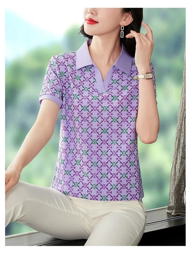 Camisa polo de manga curta feminina, roupa de tamanho grande, camisa de golfe, roupa estampada, moda verão, novo, 2024