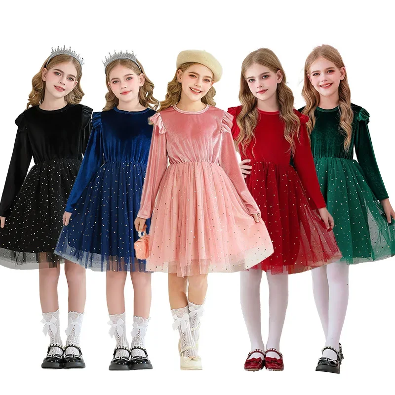 

Role-playing Outfit Girls Long-sleeved Black Foreign Style Dress Starry Sky Mesh Dress Princess Dress Performance Clothes Childr