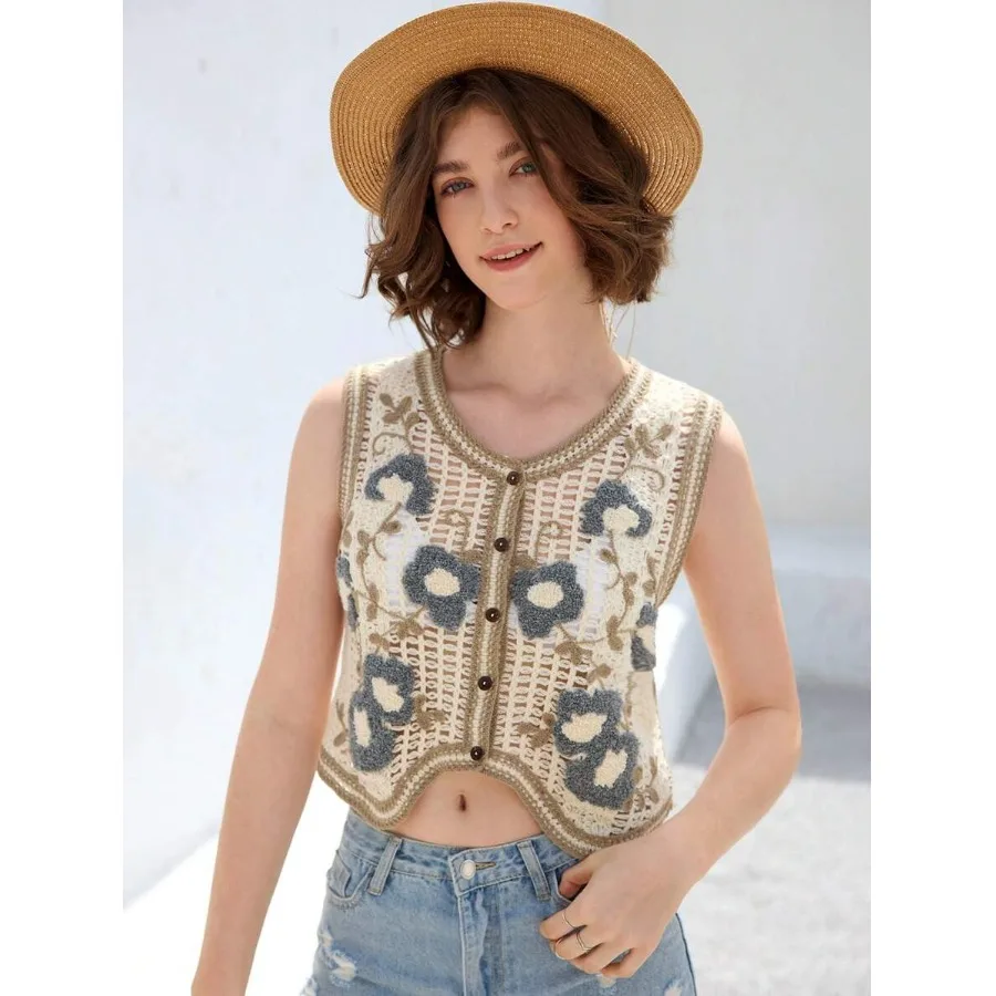 

Retro Hook Knitted Vest Women's ort Sle Summer Design Outerwear oulder Bared Top V-ne Polyester Fiber Blend Fabric