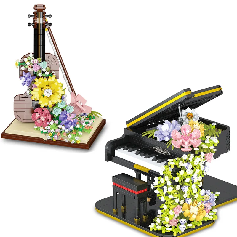 

Violin Piano Building Blocks DIY Instrument Assemble Bricks Set Cello Eternal Flower Toy Table Home Decoration Romantic Gift