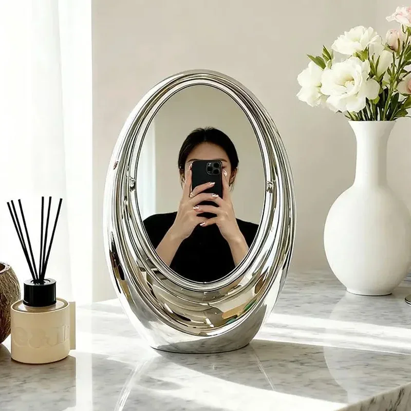 Korean Creative Oval Makeup Mirror Laser Double-sided Cosmetic Mirror Living Room Dressing Table Rotatable Mirror Home Decor