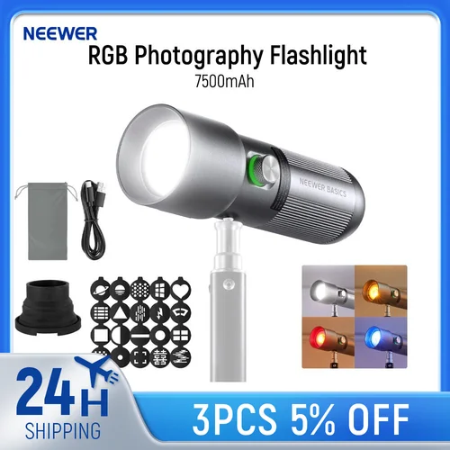 NEEWER BASICS Linterna de fotografía RGB con 4 colores/20 filtros Gobo/7500 mAh, foco de vídeo LED de 10 W para grabación de vídeo