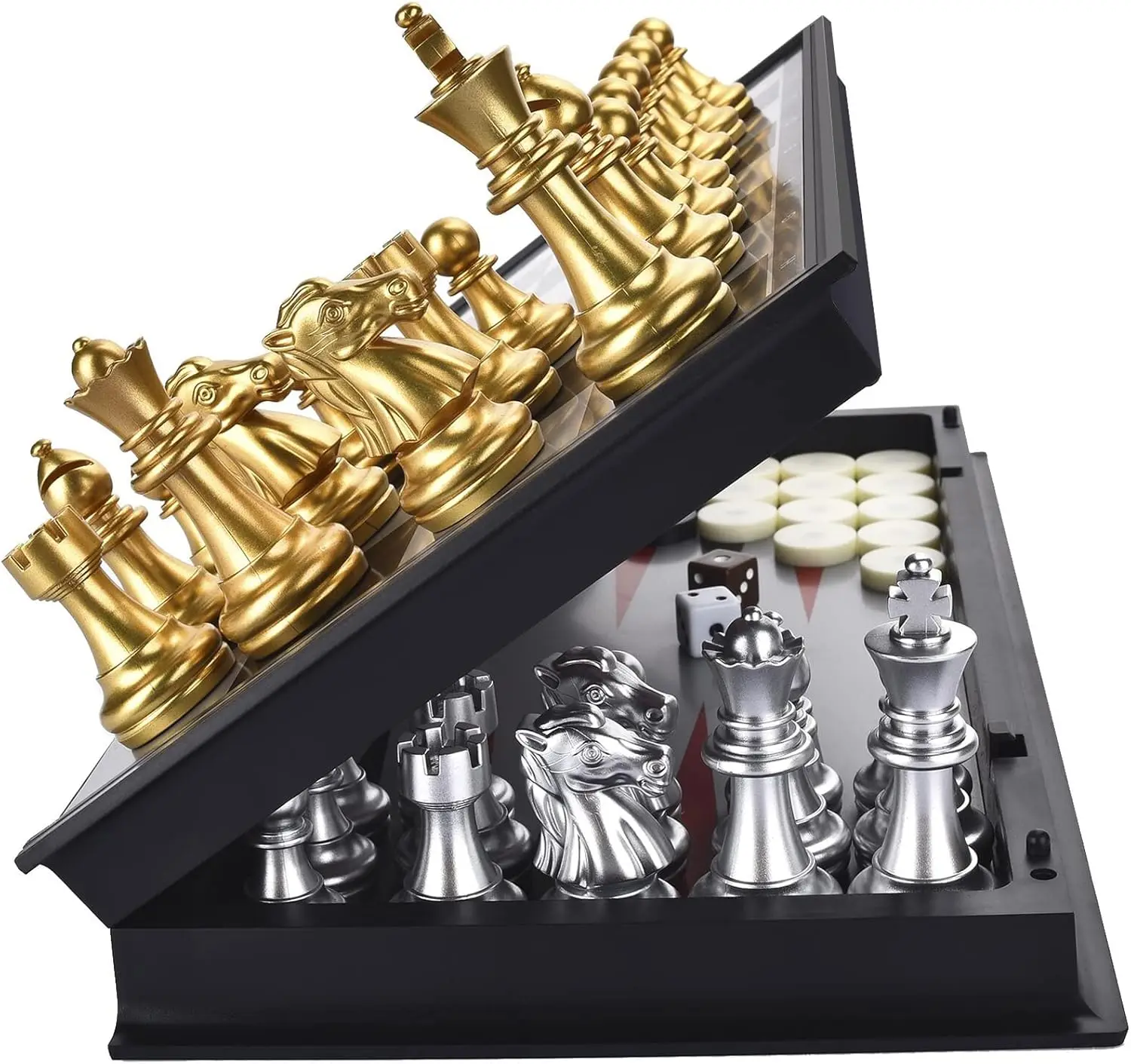 

3-in-1 Magnetic Chess, Checkers, Backgammon Board Game Set, 12.5' Folding Travel Game for Kids & Adults (Gold & Silver)