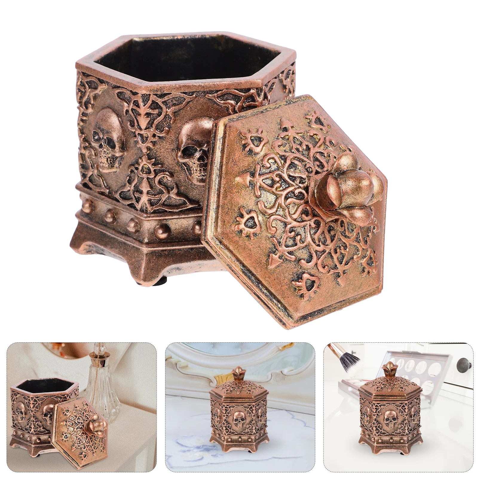 1Pcs Resin Skull Jewelry Box Hexagon Shape Golden Jewelry Organizer Holder Storage Container Vintage Storage Holder