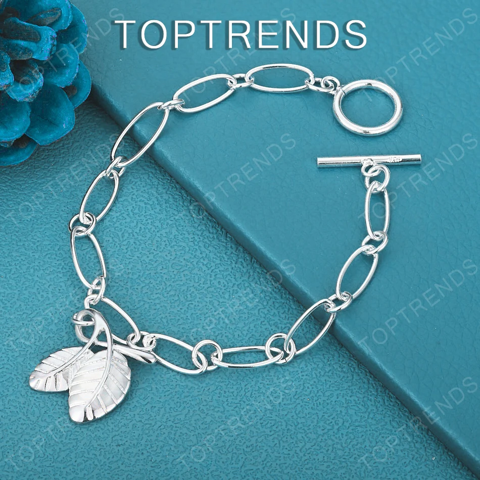 

Fashion Trendy 925 Sterling Silver Double Leaf Bracelet For Men Women Party Engagement Wedding Birthday Jewelry Accessories 20cm
