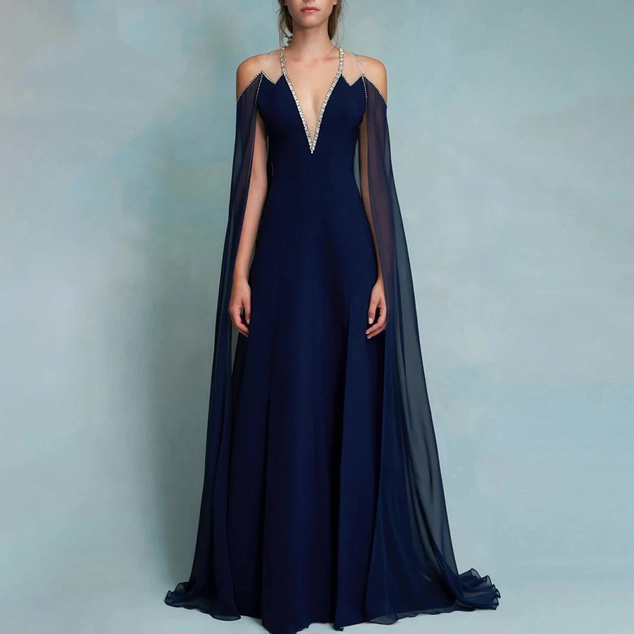 

Customized Luxury Chiffon A-Line Crystal Off the Shoulder Evening Dress High Quality Floor Length prom dresses Custom Size