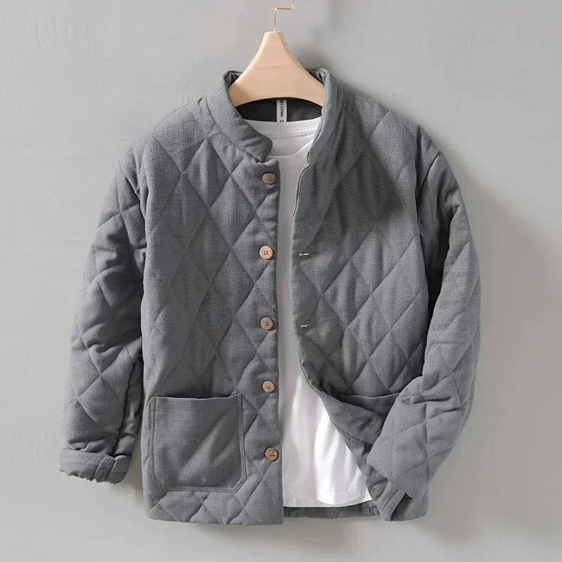 Chinese Vintage Versatile Style Men's Filler Padded Winter Casual Loose Warm Coat Simple Cozy Stand Collar Argyle Classic Jacket