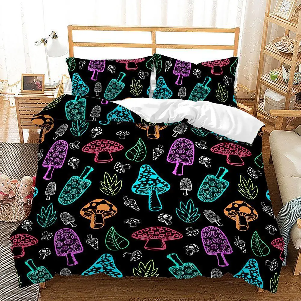 Anime Rainbow Star Mushroom Bedding Set - Available in Single, Twin, Full, Queen & King Sizes, Ideal for Adult and Kid Bedrooms