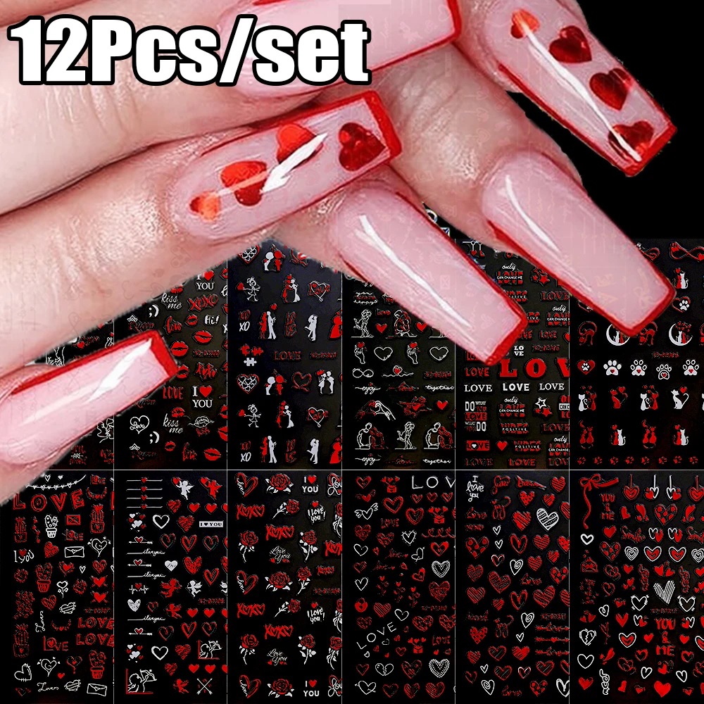 12Pcs/Set Valentine's Day Red Love-Heart Nail Sticker 8X10CM 3D Hollow Heart Nail Decal With Laser Gold/Silver Red Heart Slider