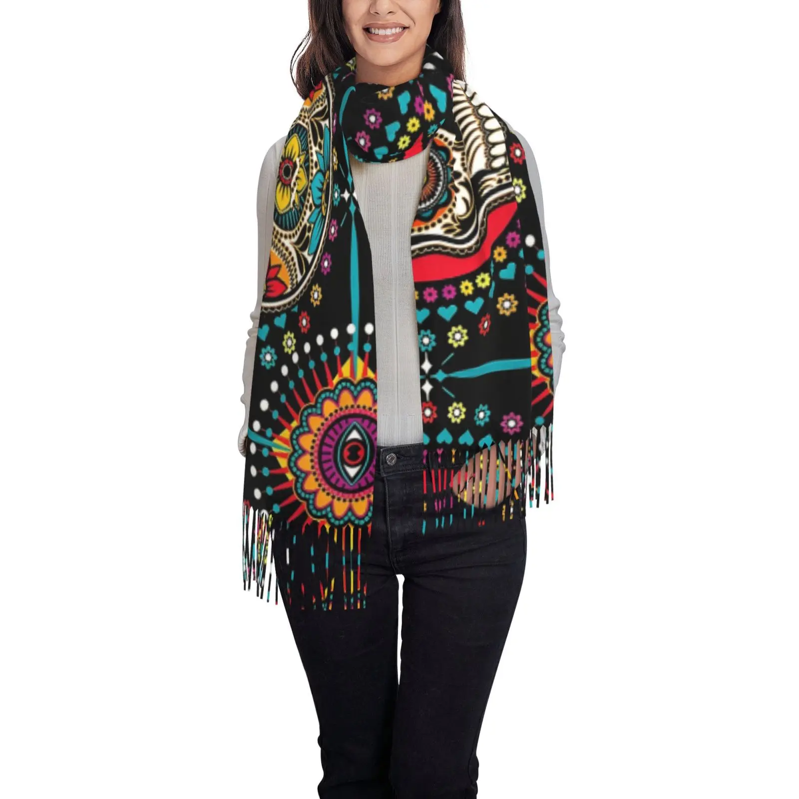Colorful Sugar Skull Pattern Shawl With Tassels Women Soft Fashion Scarf Warm Wrap Stole Day of The Dead Gift