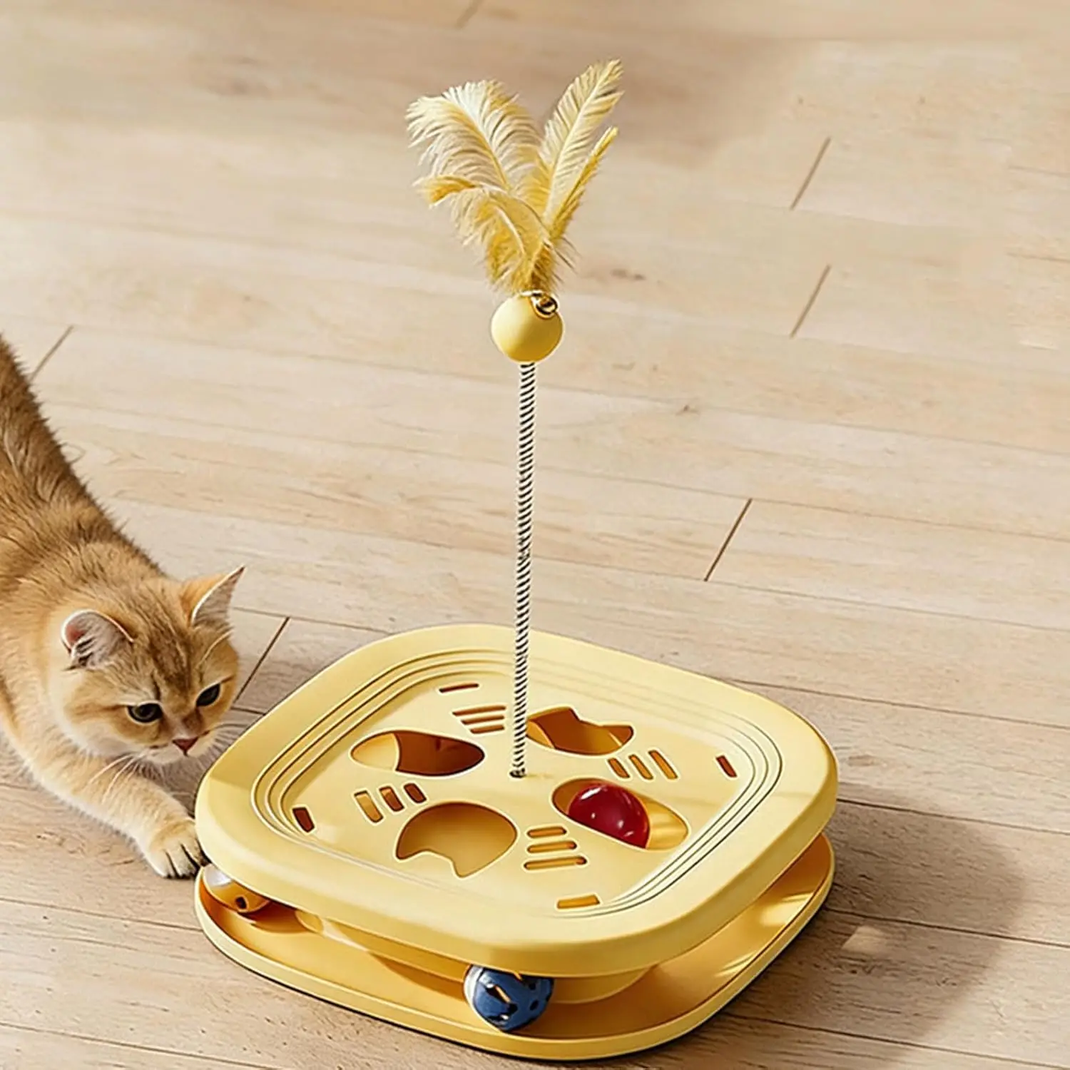 

Cat Puzzle Toy Interactive Maze Game With Rolling Balls and Teaser Cat Stick Self-sport Teasing Cat to Training Cats Toy