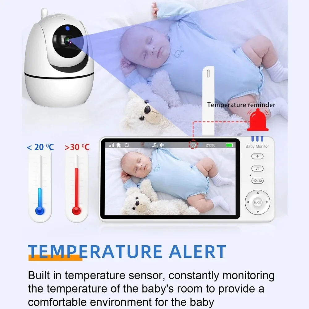 Video Baby Monitor 5 Inch 720P Larger Display With Camera 355° Pan 120° Tilt 2 Way Audio Lullaby Night Vision Babysitter Camera