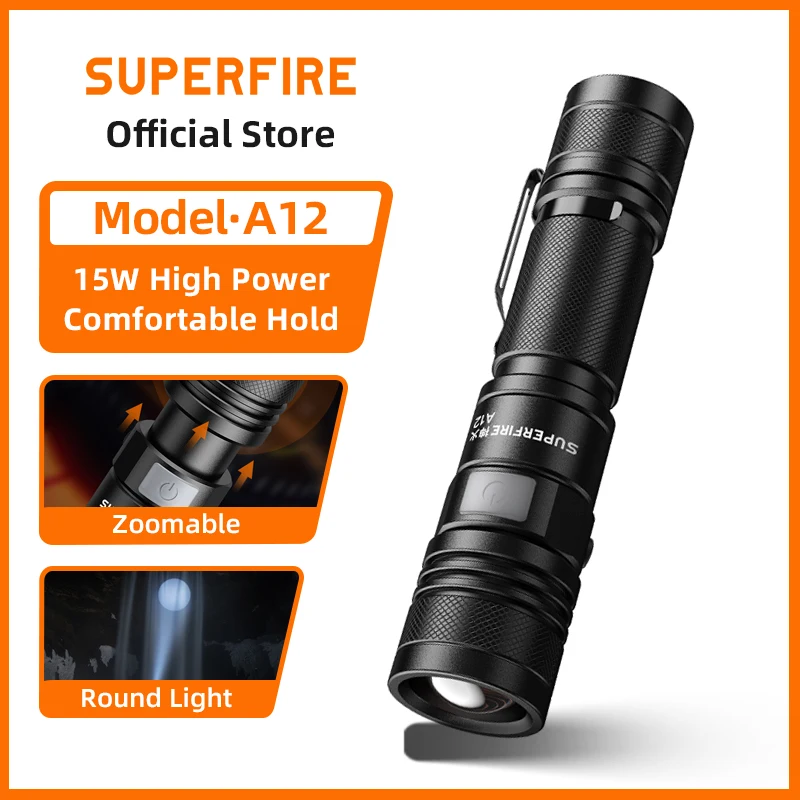 

SUPERFIRE A12 Powerful LED Flashlight – USB-C Rechargeable Zoomable EDC Torch Emergency Light for Camping & Fishing Lantern