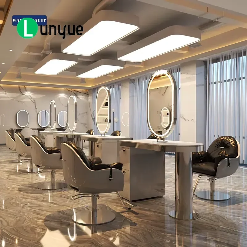 Gold Stainless Steel Double Sided Mirror Station with LED Lighting for Wallybeauty Beauty Equipment Furniture