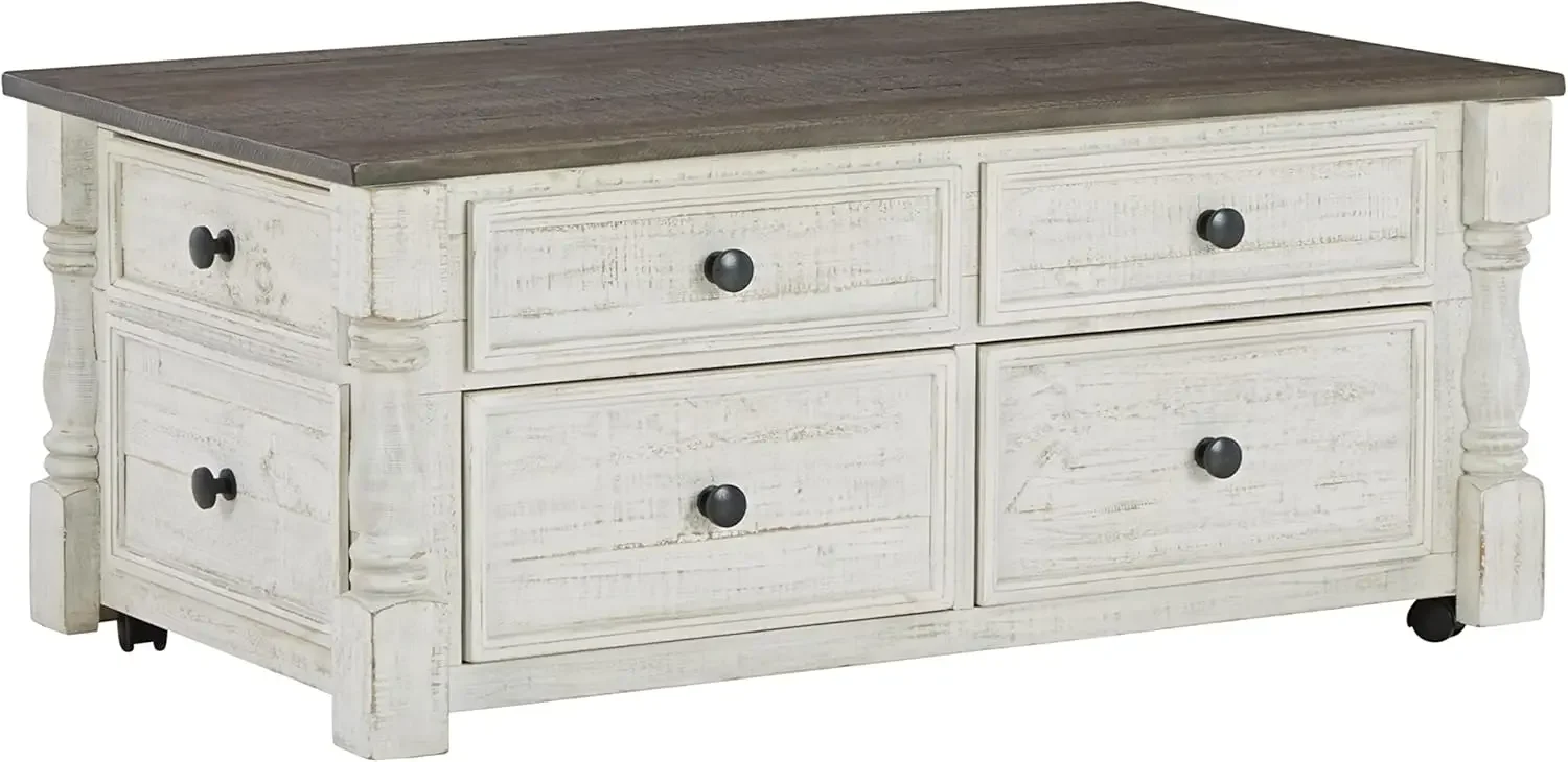 Havalance Farmhouse Lift Top Coffee Table with 4 Storage Drawers and Small Storage Tray, Whitewash