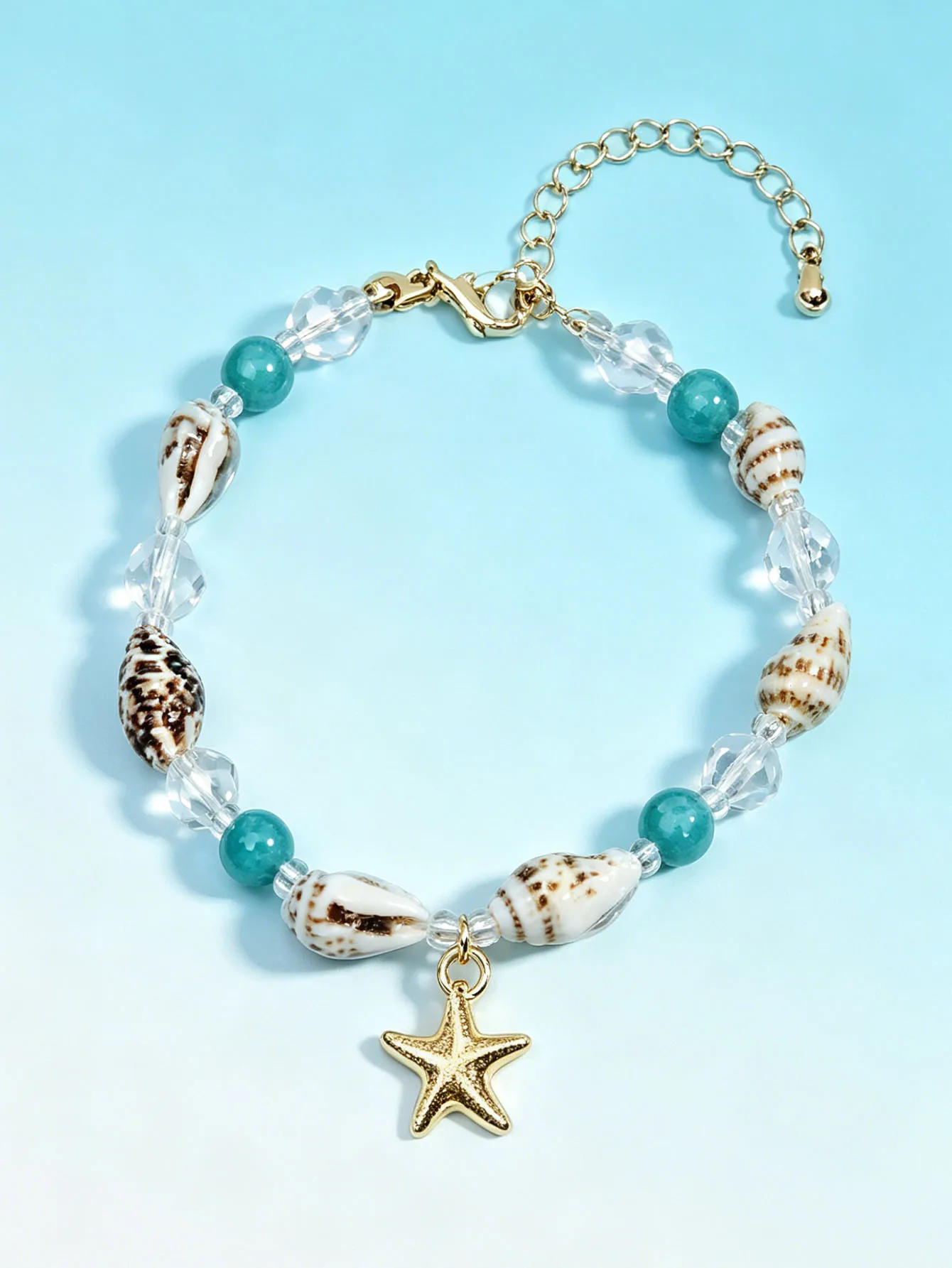 

Boho Summer Starfish Charm Beaded Bracelet Natural Conch & Transparent Stone Beads Adjustable Extension Chain Beach Vacation Jewelry Gift