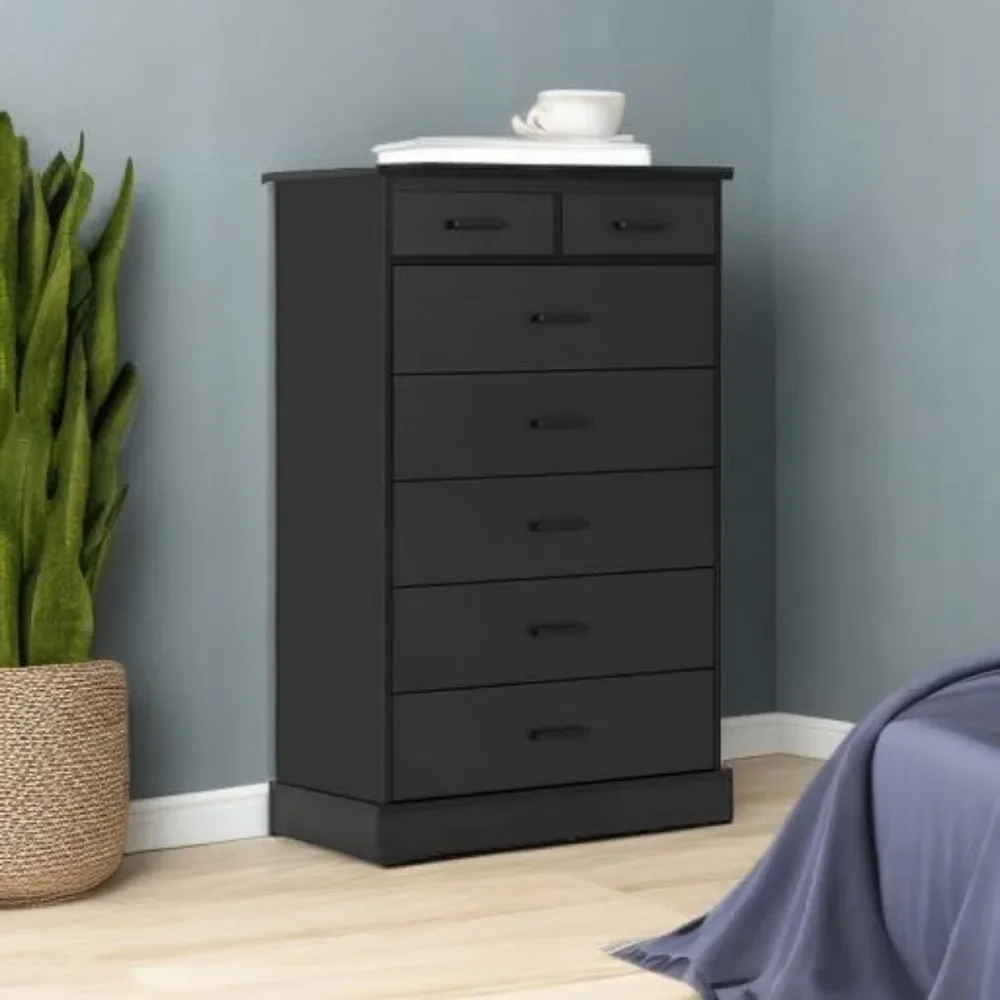 Commode noire pour chambre à coucher, grande commode 7 MELCommode avec base robuste, tour de rangement en bois pour vêtements, grande armoire de rangement