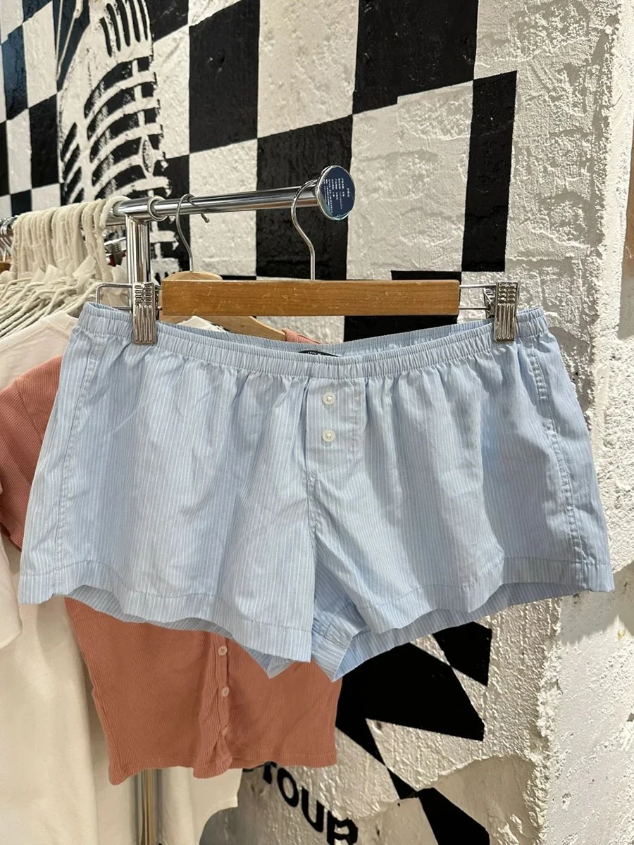 

Cotton Blue Striped Straigth Shorts Women Summer Elastic Waist Buttons Y2k Casual Sweet Short Pant Pants Vintage Home Underwear