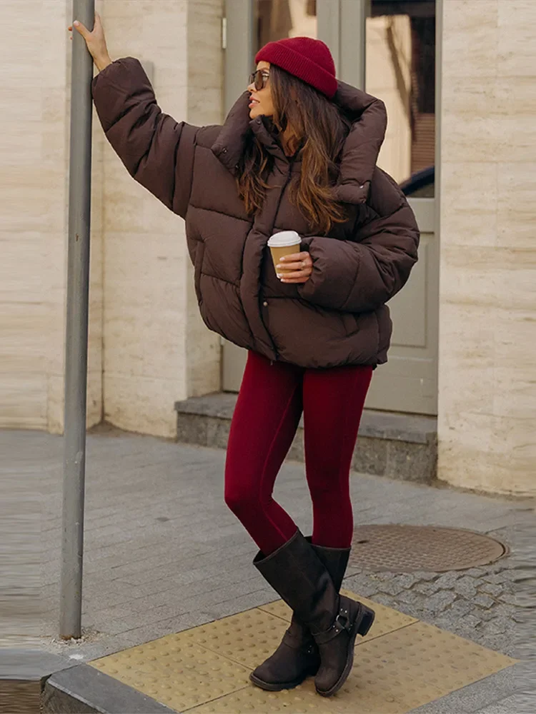 Damen-Wintermäntel mit Kapuze, Stehkragen, Taschen, gefütterte Jacken, Herbst-Damen-Laternenjacke mit langen Ärmeln, einfarbiger, voluminöser Mantel, neue Oberbekleidung. – Detail 7